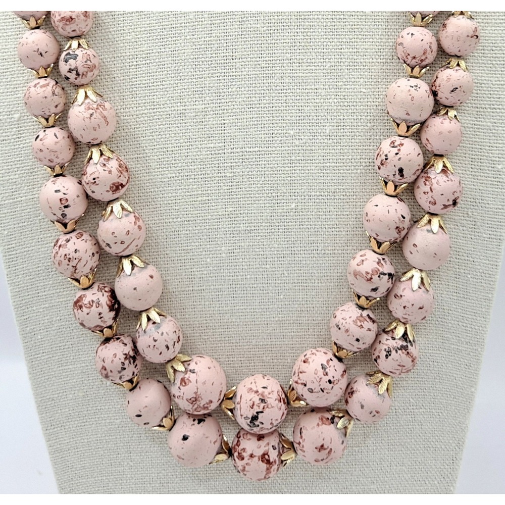Vintage Speckled Bead Necklace Gold-Tone Pink Double Strand Graduated Hong Kong - Picture 6 of 11